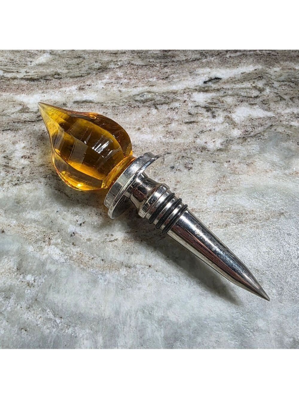 Vintage Amber Art Glass Wine Bottle Stopper – Faceted Flame Design